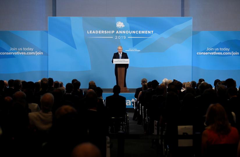 Boris Johnson speaks after being announced as Britain`s next Prime Minister at The Queen Elizabeth II centre in London, Britain July 23, 2019. REUTERS