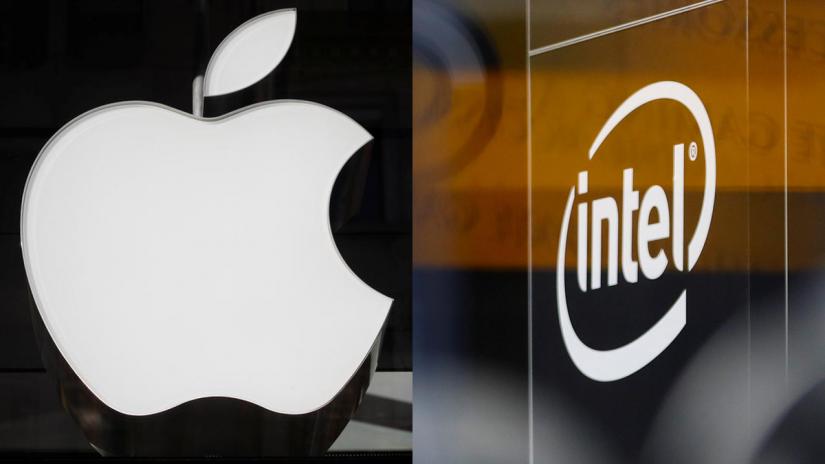 A combination of Reuters file photos show logos of Apple and Intel.
