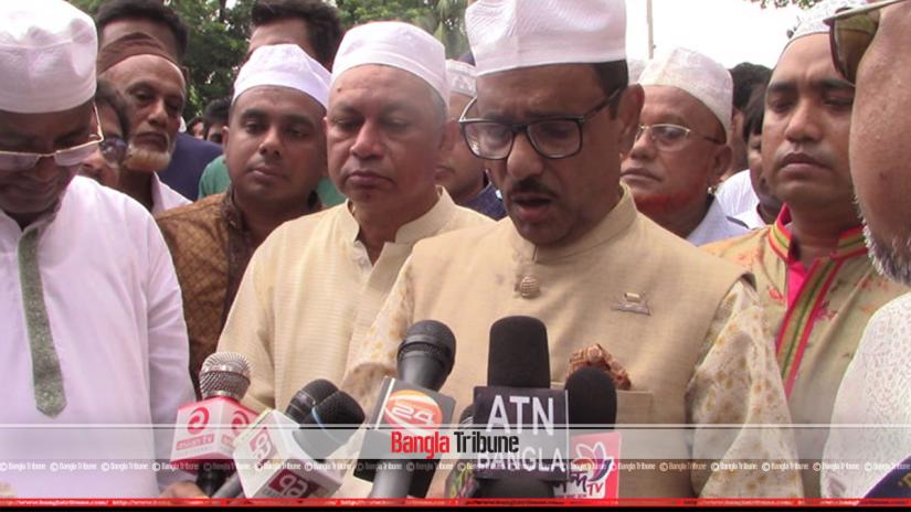 Obaidul Quader speaks to media after Eid prayers in Noakhali on Monday (Aug 12).