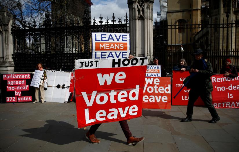 A pro-Brexit protester demonstrates outside the Houses of Parliament, as Brexit wrangles continue, in London, Britain, April 4, 2019.