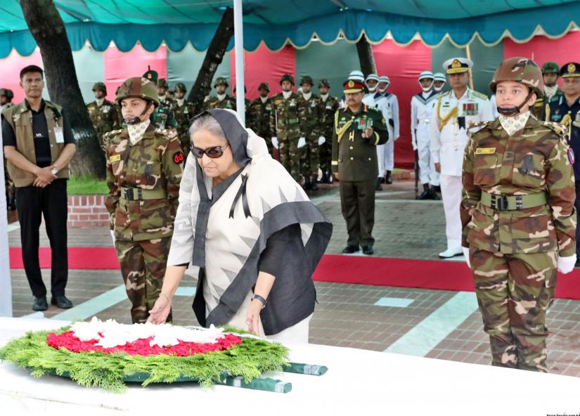 Prime Minister Sheikh Hasina paid rich tributes to Father of the Nation Bangabandhu Sheikh Mujibur Rahman by placing a wreath at his mazar here this morning on the occasion of his 44th martyrdom anniversary and the National Mourning Day at Gopalganj. PHOTO: Focus Bangla