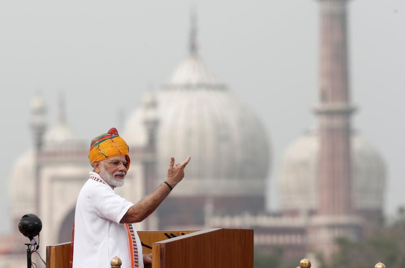 Indian Prime Minister Narendra Modi addresses the nation during Independence Day celebrations at the historic Red Fort in Delhi, India, August 15, 2019. REUTERS