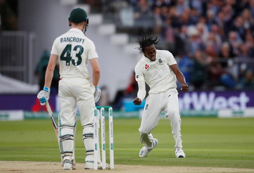 Cricket - Ashes 2019 - Second Test - England v Australia - Lord`s Cricket Ground, London, Britain - August 16, 2019 England`s Jofra Archer celebrates taking the wicket of Australia`s Cameron Bancroft Action Images via Reuters
