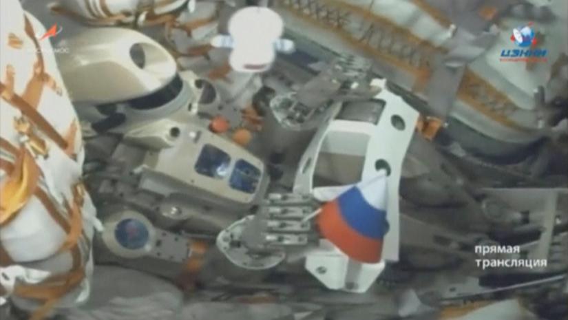 A still image, taken from a video footage and released by Russian space agency Roscosmos, shows robot Skybot F-850, also known as FEDOR, inside the Russian Soyuz MS-14 spacecraft carried by Soyuz-2.1a booster after the launch from the Baikonur Cosmodrome, Kazakhstan August 22, 2019. Russian space agency Roscosmos/Handout via REUTERS