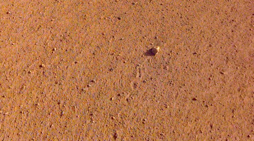 The `Rolling Stones Rock,` slightly larger than a golf ball and named after the rock band, is seen on the surface of Mars after it rolled about 3 feet, spurred by the thrusters on NASA`s InSight spacecraft, November 26, 2018. Picture taken November 26, 2018. NASA/Handout via REUTERS