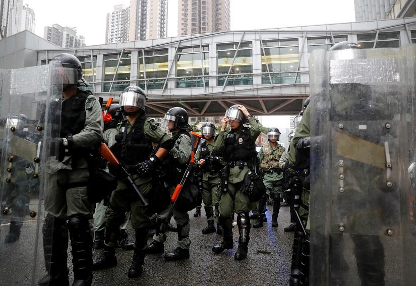 Riot police stand guard during a protest in Tsuen Wan, in Hong Kong, China August 25, 2019. REUTERS