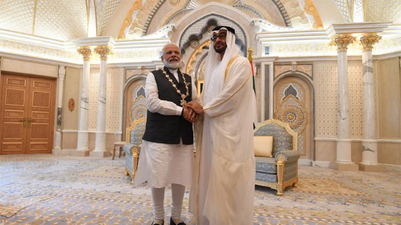 Sheikh Mohamed bin Zayed Al Nahyan, Crown Prince of Abu Dhabi and Deputy Supreme Commander of the UAE Armed Forces with visiting Indian Prime Minister Narendra Modi on Aug 24, 2019. TWITTER.