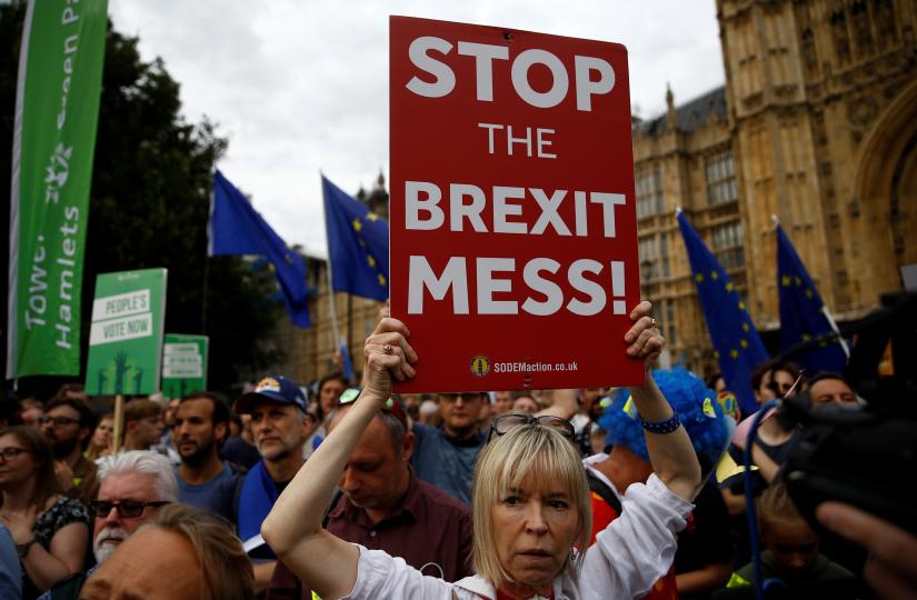 An anti-Brexit protestor holds a placard outside the Houses of the Parliament in London, Britain August 28, 2019. REUTERS