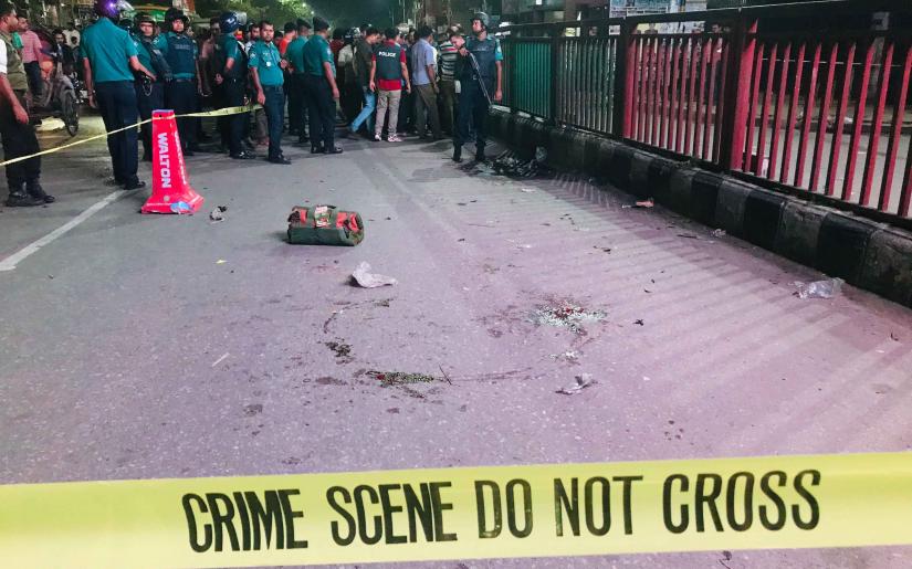 The scene where two police officials were injured in a reported bomb blast in front of a police box at Dhaka`s Science Lab area on Saturday night, August 31, 2019.