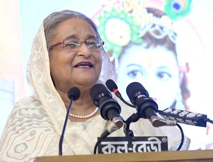 Prime Minister Sheikh Hasina speaks at an exchange view meeting with leaders of the Hindu community at her official Ganabhaban residence in Dhaka on Wednesday (Sept 4) on the occasion of Janmashtami, the birthday of Lord Sri Krishna. PID/File Photo