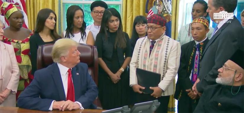 US President Donald Trump listens to the Rev. Dr. Hkalam Samson speak about Myanmar’s ethnic and religious affairs at the White House on July 17, 2019. White House video screenshot