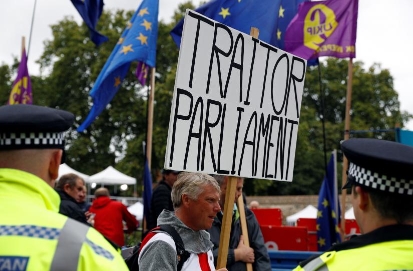 Pro-Brexit protesters demonstrate outside the Houses of Parliament in Westminster in London, Britain, September 9, 2019. REUTERS