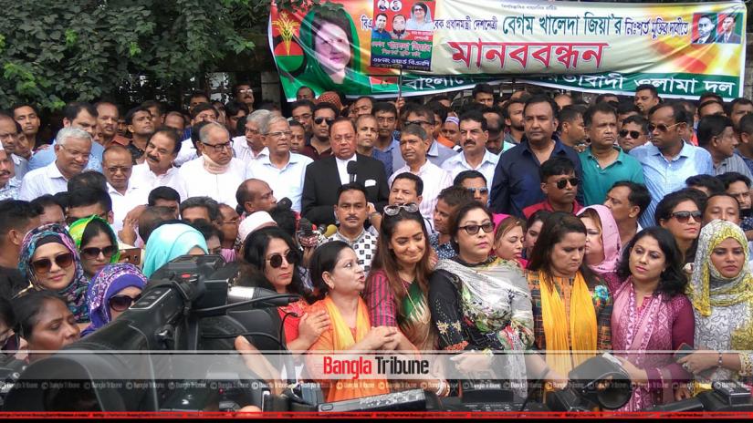 BNP Secretary General Mirza Fakhrul Islam Alamgir speaks during a human chain program organized by BNP, in front of the National Press Club in Dhaka on Wednesday, September 11, 2019