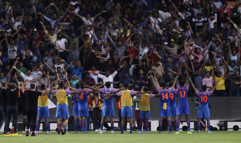 2022 World Cup Qualifier Round 2 - Group E - Qatar v India - Jassim Bin Hamad Stadium, Doha, Qatar - September 10, 2019 India celebrate with fans after the match REUTERS