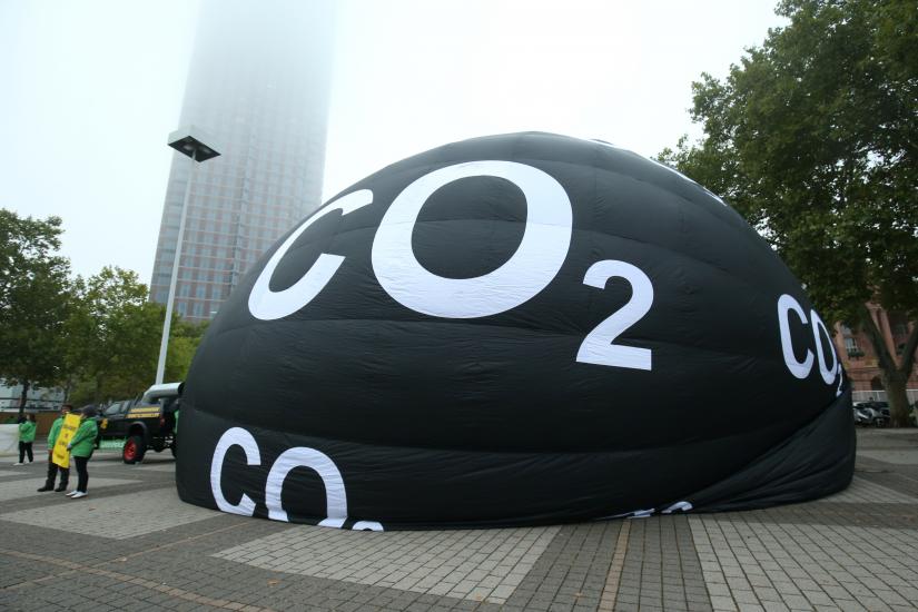 Inflatable balloon with C02 writings is seen as Greenpeace protests against the global warming caused by cars in front of the Frankfurt fair grounds where the international Frankfurt Motor Show (IAA) is holding its media day in Frankfurt, Germany, September 10, 2019. REUTERS