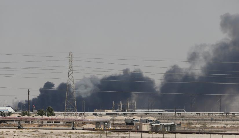 Smoke is seen following a fire at an Aramco factory in Abqaiq, Saudi Arabia, September 14, 2019 in this picture obtained from social media. VIDEOS OBTAINED BY REUTERS/via REUTERS