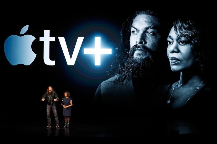 Actors Jason Momoa (L) and Alfre Woodard speak during an Apple special event at the Steve Jobs Theater in Cupertino, California, U.S., March 25, 2019. REUTERS