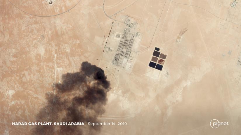 A satellite image shows an apparent drone strike on an Aramco oil facility in Harad, Saudi Arabia September 14, 2019. Planet Labs Inc/Handout via REUTERS