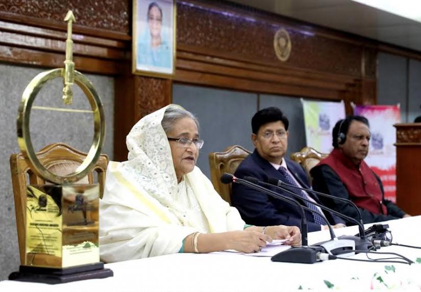 Prime Minister Sheikh Hasina delivers speeches after receiving the Dr Kalam Smriti International Excellence Awards-2019, introduced in memory of eminent scientist and former Indian president Dr APJ Abdul Kalam,in Dhaka on Monday (Sept 16). BSS
