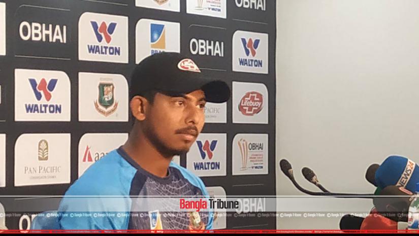 Bangladesh all-rounder Mosaddek Hossain Saikat speaking to the media ahead of the Tri-series match against Afghanistan in Chattogram, Sept 17, 2019. BANGLA TRIBUNE/Rabiul Islam