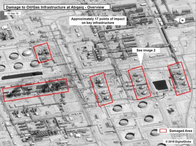 A satellite image showing damage to oil/gas Saudi Aramco infrastructure at Abqaiq, in Saudi Arabia in this handout picture released by the US Government Sept 15, 2019. US Government/DigitalGlobe/Handout via REUTERS