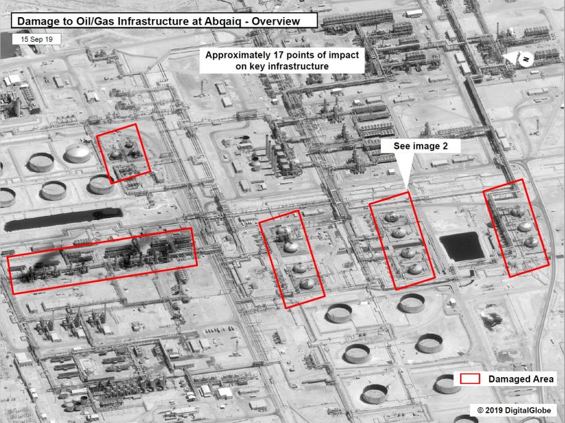 A satellite image showing damage to oil/gas Saudi Aramco infrastructure at Abqaiq, in Saudi Arabia in this handout picture released by the US Government September 15, 2019. US Government/DigitalGlobe/Handout via REUTERS