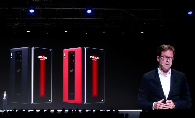 Jan Becker, CEO of Porsche Design, presents the Mate 30 smartphone range at the Convention Center in Munich, Germany September 19, 2019. REUTERS