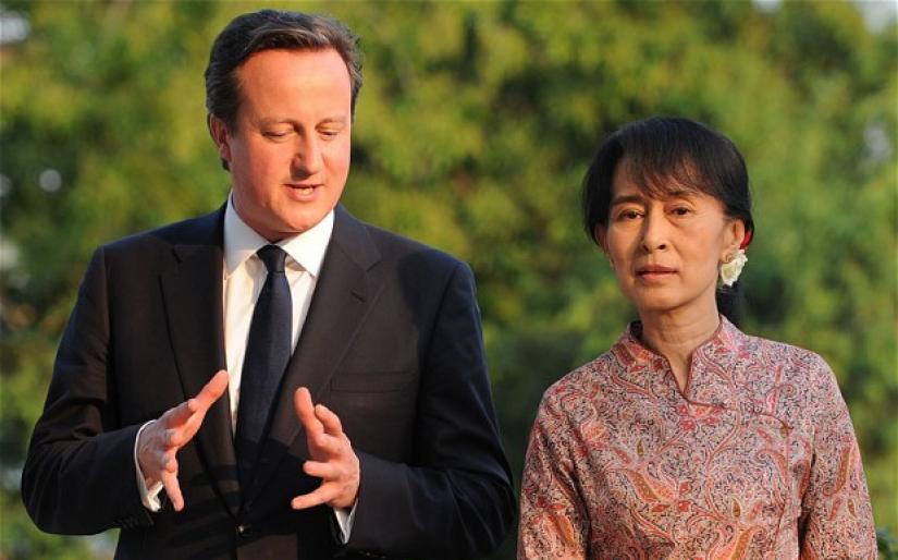 File photo shows former British Prime Minister David Cameron and Myanmar de facto leader Aung Sang Suu Kyi.