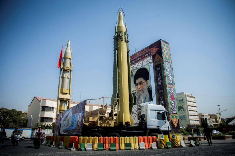 A display featuring missiles and a portrait of Iran`s Supreme Leader Ayatollah Ali Khamenei is seen at Baharestan Square in Tehran, Iran September 27, 2017. TIMA via REUTERS/File Photo