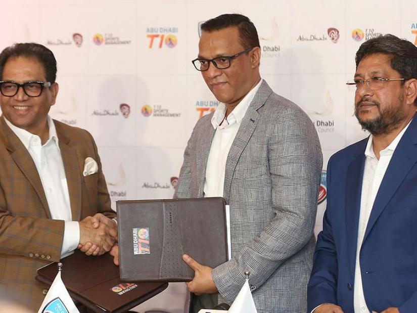 Shaji Ul Mulk, Chairman of Abu Dhabi T10, during the deal signing with Bangla Tigers owner Yasin Chowdhury and Shirazuddin Alam.