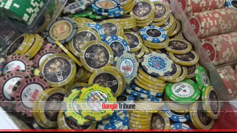 Poker Chips are seen at the club when police carry out simultaneous raids at four clubs at Dhaka`s Motijheel.