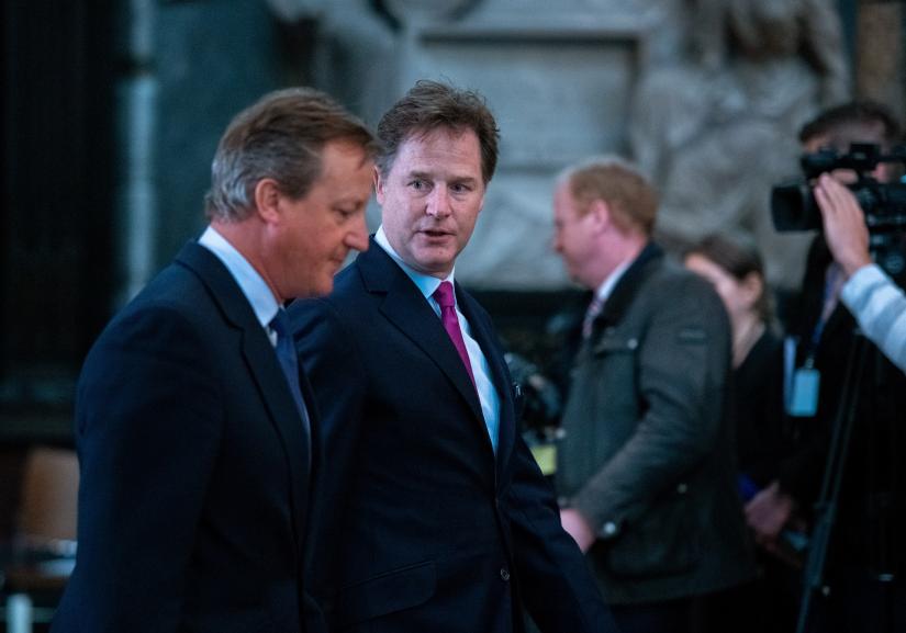 Britain`s former Prime Ministers David Cameron and Nick Clegg attend the memorial service for Lord Paddy Ashdown at Westminster Abbey, in London, Britain September 10, 2019. Pool via REUTERS