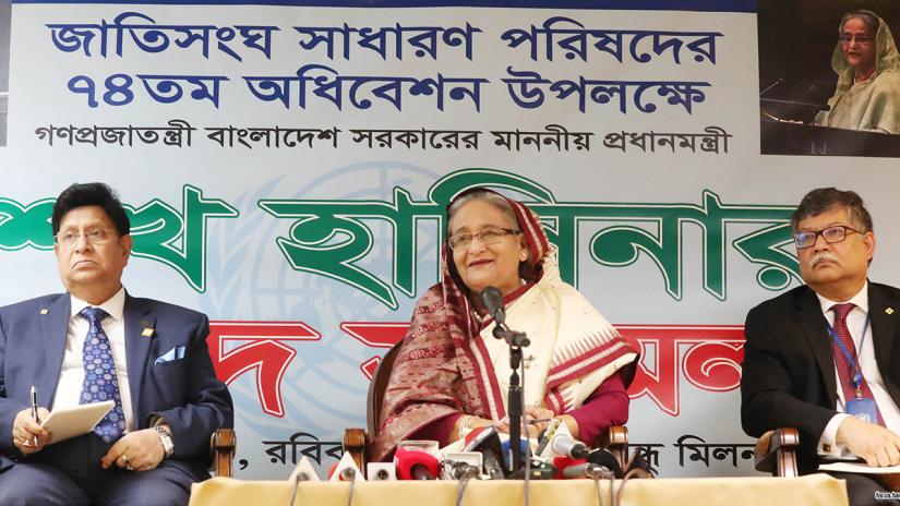 Prime Minister Sheikh Hasina addressing a press conference at the Permanent Mission of Bangladesh in New York on Sunday (Sept 29). Focus Bangla