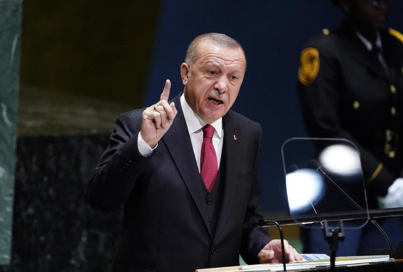 FILE PHOTO: Turkey`s President Recep Tayyip Erdogan addresses the 74th session of the United Nations General Assembly at U.N. headquarters in New York City, New York, US, Sept 24, 2019. REUTERS