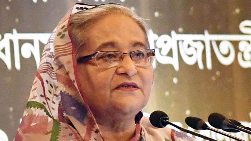 FILE PHOTO-Prime Minister Sheikh Hasina was addressing opened ceremony of the commercial transmission of private television channels using Bangabandhu Satellite-1 at a Dhaka hotel on Wednesday (Oct 2). PID