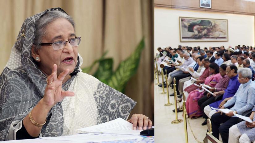 Prime Minister Sheikh Hasina briefing the media on her recent US and India visits at her official residence Ganabhaban on Wednesday (Oct 9). PHOTO: PID