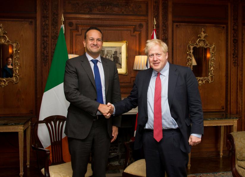 Ireland`s Prime Minister (Taoiseach) Leo Varadkar and British Prime Minister Boris Johnson meet in Thornton Manor, Cheshire, Britain October 10, 2019. Handout via REUTERS
