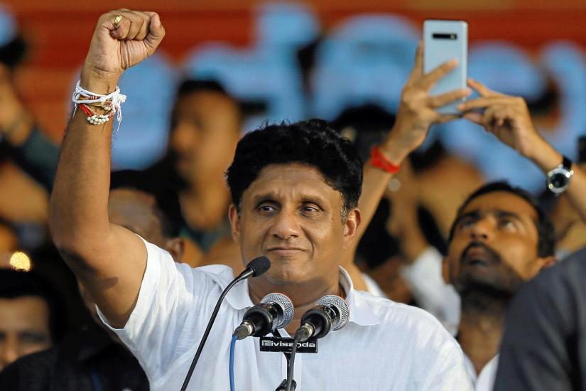 Sajith Premadasa, Sri Lanka`s Housing Minister and the presidential candidate of the United National Party (UNP)-led New Democratic Front gestures at his supporters during his first election campaign rally, in Colombo, Sri Lanka Oct 10, 2019. REUTERS