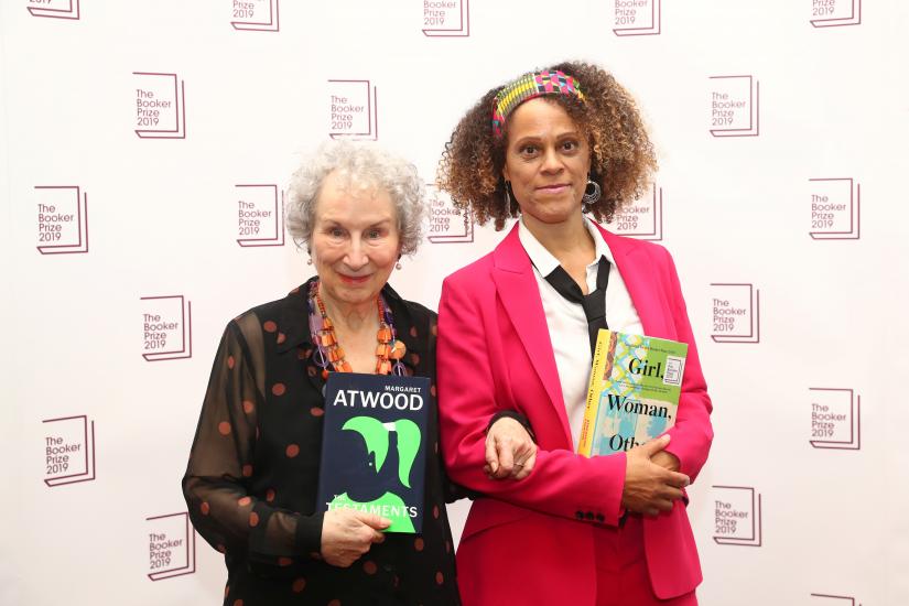 Margaret Atwood poses with Bernardine Evaristo after jointly winning the Booker Prize for Fiction 2019 at the Guildhall in London, Britain October 14, 2019. REUTERS