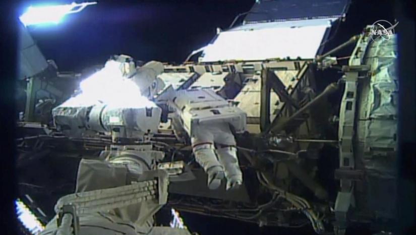 US astronaut Jessica Meir walks outside the International Space Station (ISS), in this still image taken from NASA video, Oct 18, 2019. NASA TV/REUTERS
