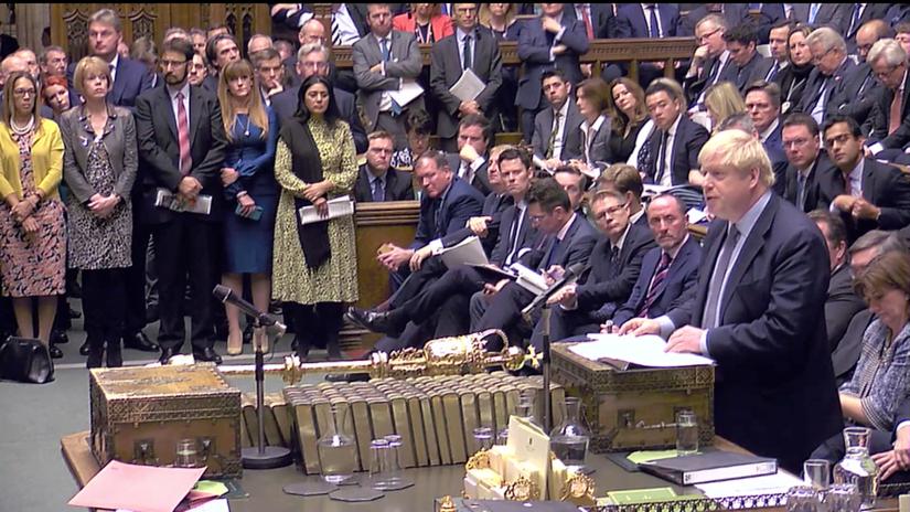 Britain`s Prime Minister Boris Johnson speaks at the House of Commons as parliament discusses Brexit, sitting on a Saturday for the first time since the 1982 Falklands War, in London, Britain, October 19, 2019, in this screen grab taken from video. Parliament TV via REUTERS