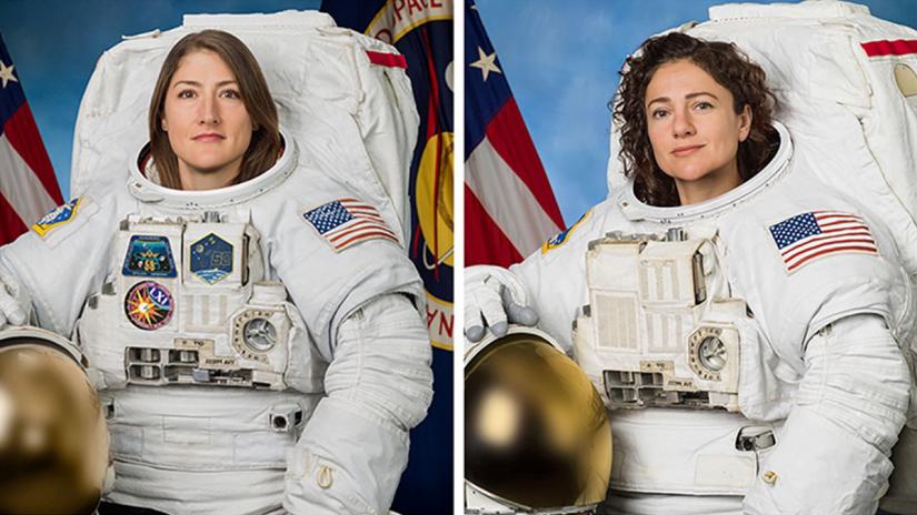 Astronauts Christina Koch (L) and Jessica Meir pose for their official NASA portraits in undated photos. Josh Valcarcel/NASA/Johnson Space Center/Handout via REUTERS