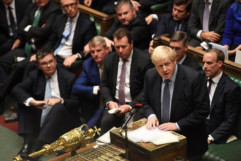 Britain`s Prime Minister Boris Johnson speaks ahead of a vote on his renegotiated Brexit deal, on what has been dubbed `Super Saturday`, in the House of Commons in London, Britain Oct 19, 2019. ©UK Parliament/Handout via REUTERS