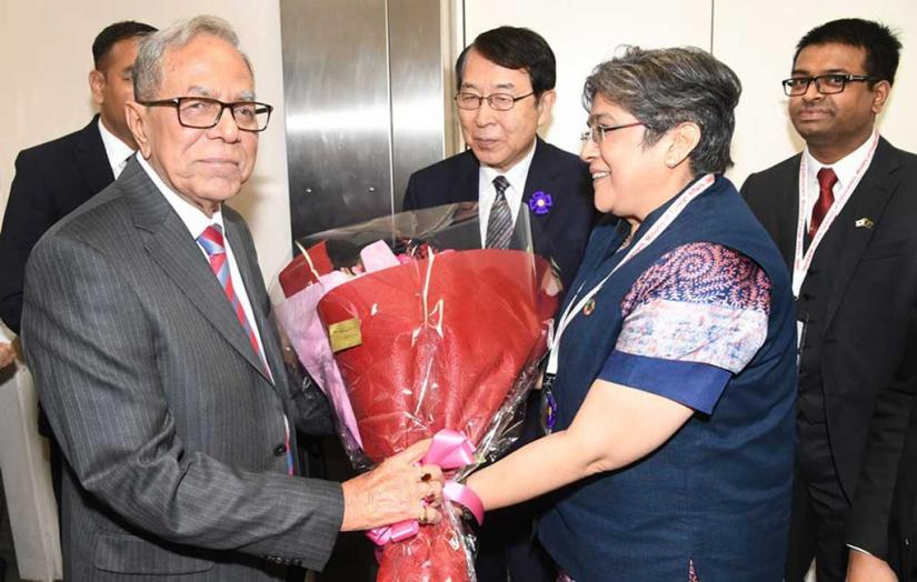 Bangladesh Ambassador to Japan Rabab Fatima and Special Assistant to Japanese Foreign Minister Kenjiro Monji received the President at Haneda International Airport PID