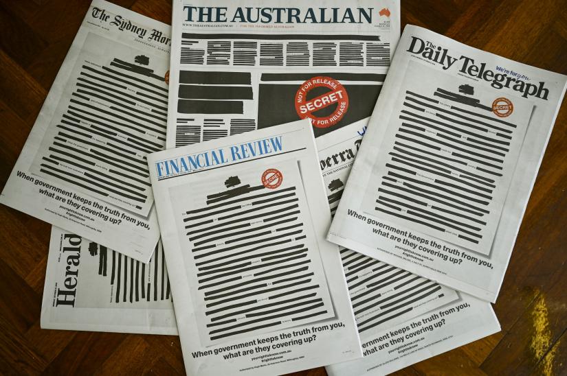 Front pages of major Australian newspapers show a `Your right to know` campaign, in Canberra, Australia, October 21, 2019. Australia`s biggest newspapers ran front pages on Monday made up to appear heavily redacted to protest against recent legislation that restricts press freedoms, a rare show of unity by the usually tribal media industry. AAP Image via REUTERS
