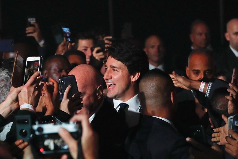 Liberal leader and Canadian Prime Minister Justin Trudeau arrives to speak after the federal election at the Palais des Congres in Montreal, Quebec, Canada Oct 22, 2019. REUTERS