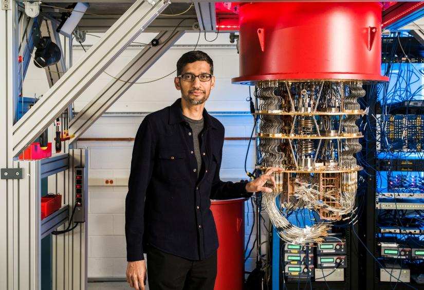 A handout picture from October 2019 shows Sundar Pichai with one of Google`s Quantum Computers in the Santa Barbara lab, California, U.S. Picture taken in October 2019. Google/Handout via REUTERS
