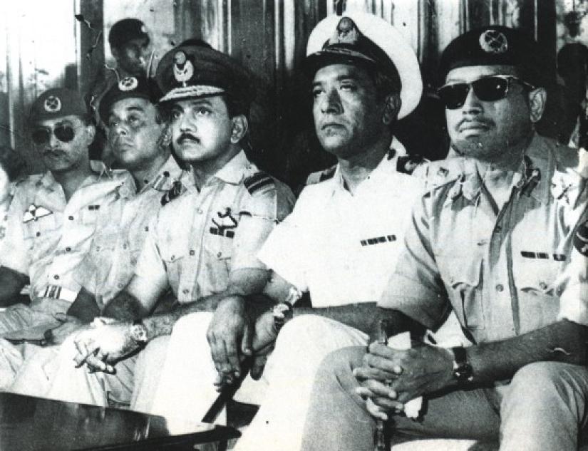 Service Chiefs at Moshtaque`s oath taking ceremony. Khaled Musharraf (R) and Ziaur Rahman (L) is seen. Photo: Collected.