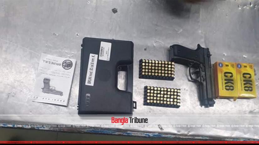 An Italian-made `Bruni` pistol and 100 rounds of bullets for it was recovered at Dhaka airport