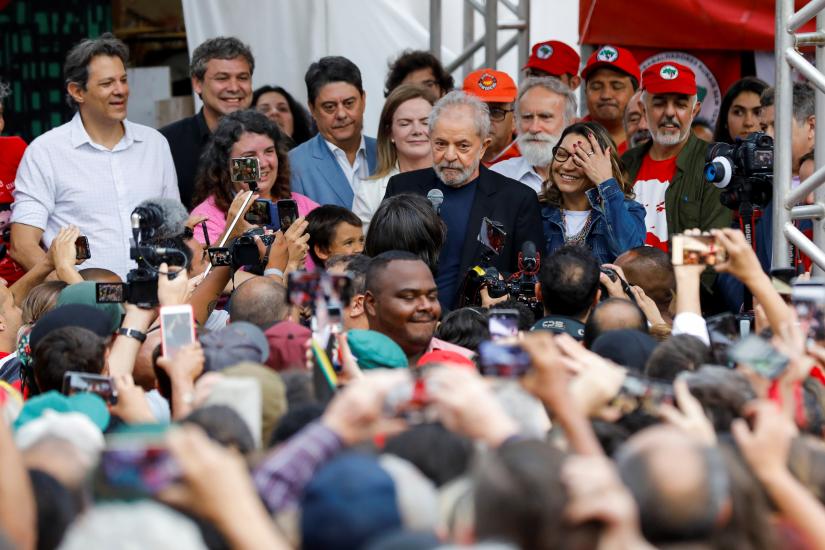 Former Brazilian President Luiz Inacio Lula da Silva delivers a speech after being released from prison, in Curitiba, Brazil November 8, 2019. REUTERS